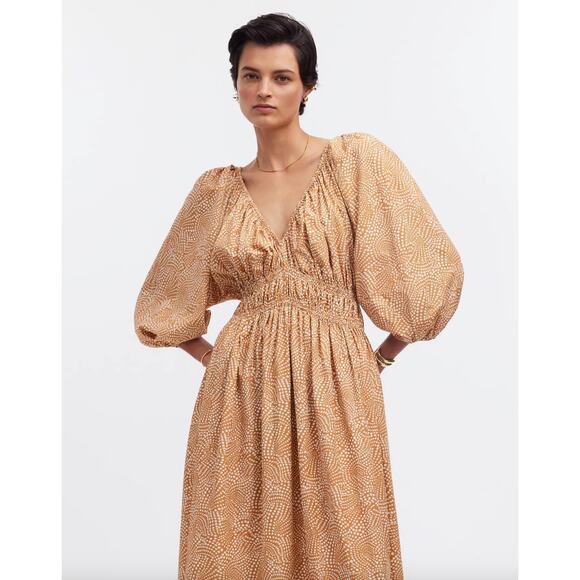 Madewell V Neck Balloon Sleeve Maxi Dress Spiral Dot Tan Smocked Boho US 00 NWT - Picture 2 of 16